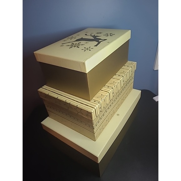 The Unbranded Brand Other - 3 Christmas Nesting Gift Boxes Holiday Golden Reindeer stars Storage Gift
